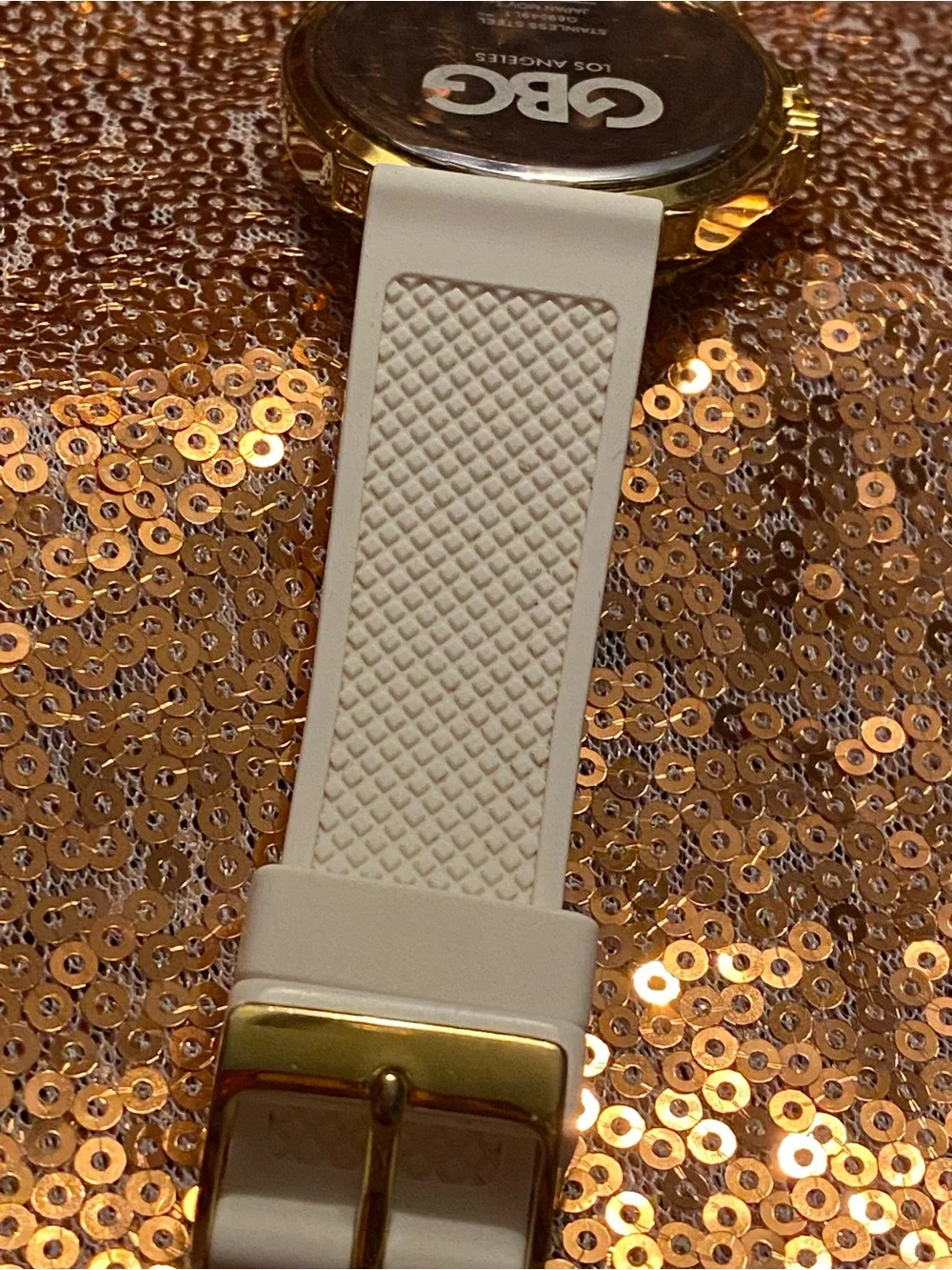 Guess G by Guess White & Gold Crystal Accent Watch | Silicone Strap | Fresh Luxe